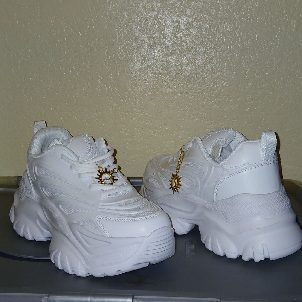 Chunky White Sneakers with Gold Sun Charms